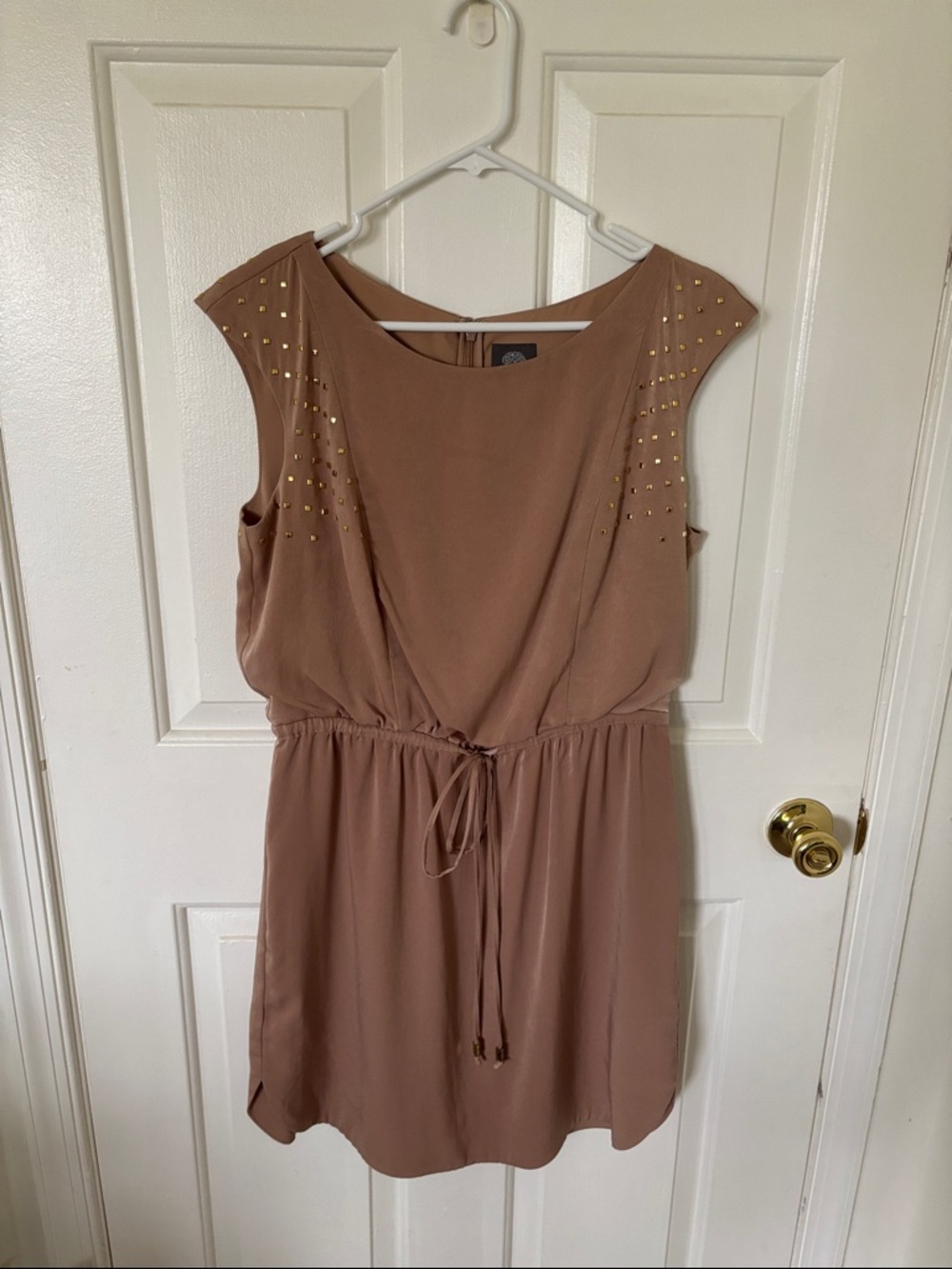 Vince Camuto Taupe Stud-Shoulder Drawstring Mini Dress